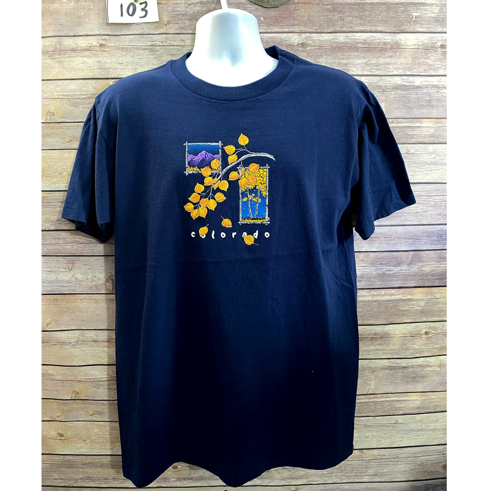 Vtg Mens Blue USA Made Colorado T-Shirt Size Large Prairie Mountain